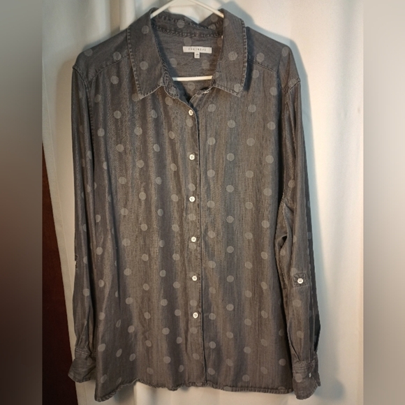 Foxcroft 24W Shaped Fit Chambray Denim Shirt Tencel Lyocell Gray Polka Dot - Picture 2 of 11